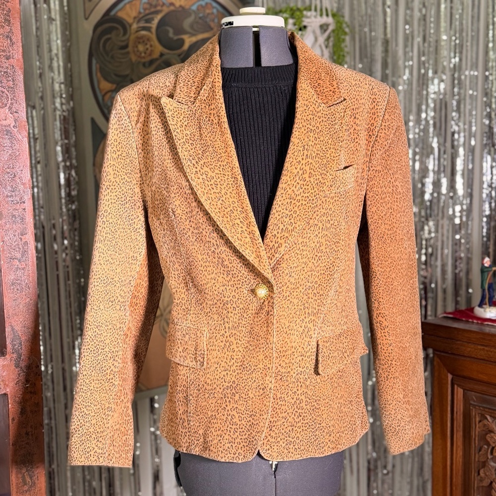 Y2K Vintage‎ The Limited Genuine Suede Leather Brown Leopard Print Blazer Jacket